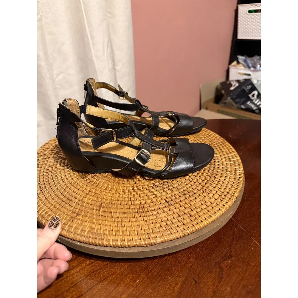 iComfort Womens Black Strappy Wedge Sandals Low Heel Back Zip Buckle Straps